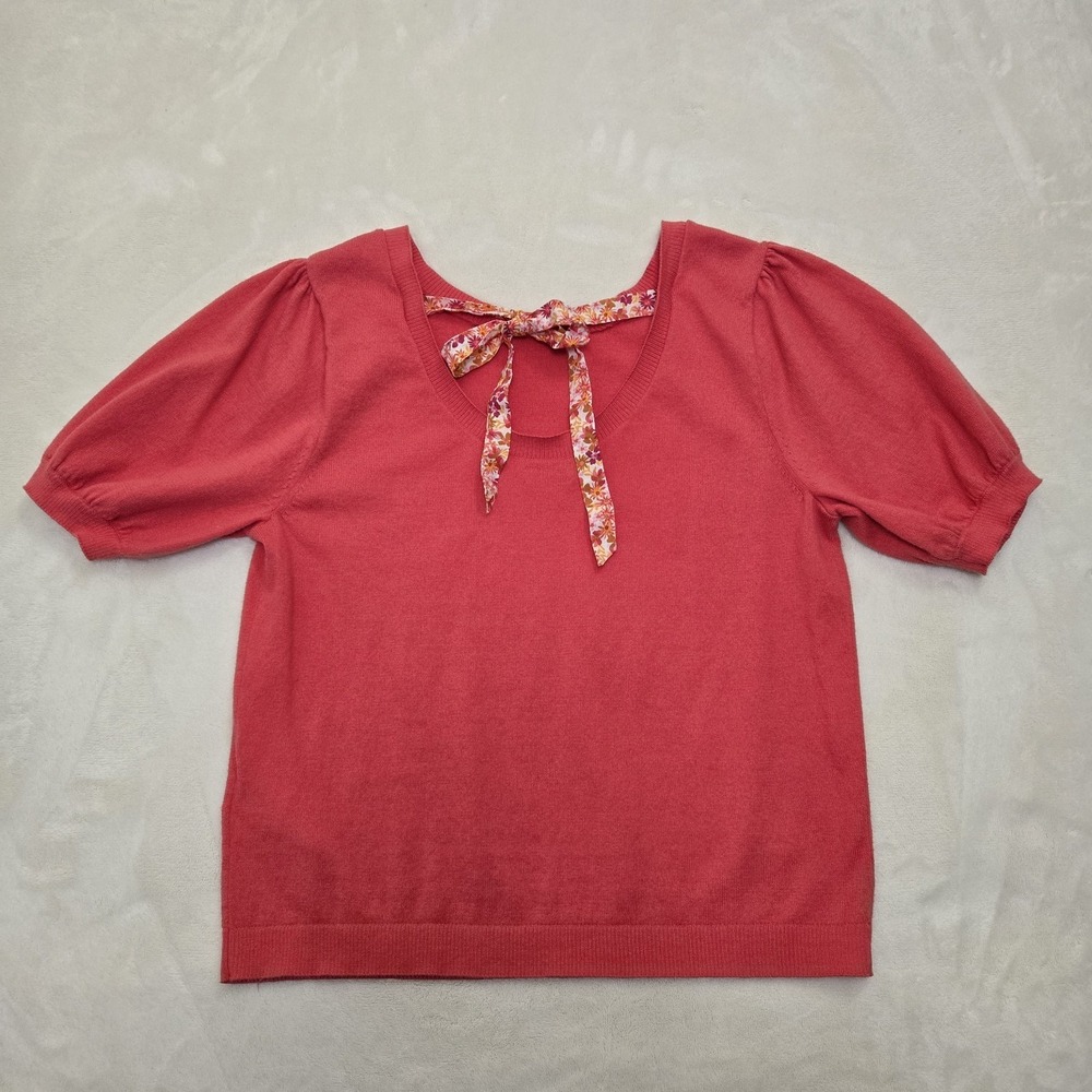 J Crew Womens Medium Coral Pink Floral Bow Puff Sleeve Knit Top Cottagecore Gran - Picture 6 of 11